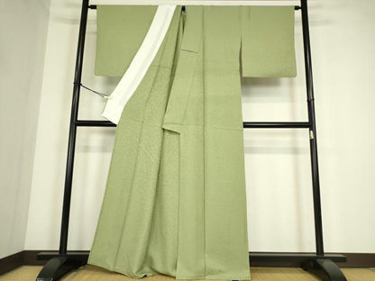 平和屋着物▽上質な色無地　単衣　霞地紋　若葉色　正絹　逸品　DABE4305az