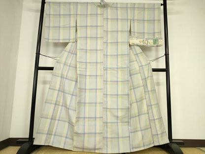 平和屋着物▽結城紬　単衣　格子　証紙付き　正絹　逸品　DABE4311az
