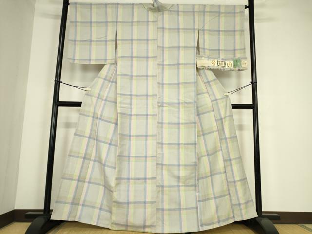 平和屋着物▽結城紬　単衣　格子　証紙付き　正絹　逸品　DABE4311az