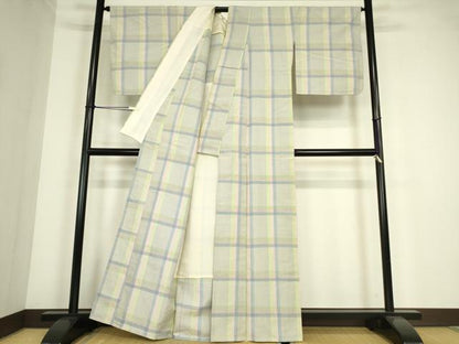 平和屋着物▽結城紬　単衣　格子　証紙付き　正絹　逸品　DABE4311az