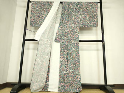 平和屋着物▽上質な小紋　単衣　草花文　金彩　鬼しぼ縮緬　正絹　逸品　未使用　DABE4312az
