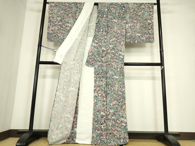 平和屋着物▽上質な小紋　単衣　草花文　金彩　鬼しぼ縮緬　正絹　逸品　未使用　DABE4312az