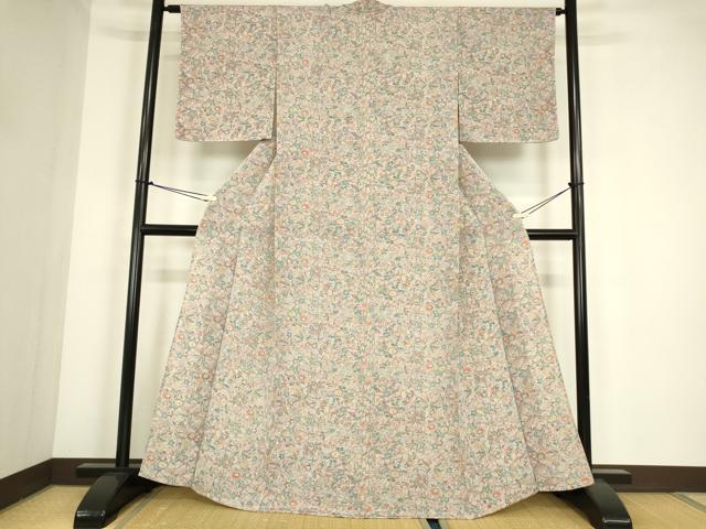 平和屋着物▽上質な小紋　単衣　草花文　鬼しぼ縮緬　正絹　逸品　DABE4314az