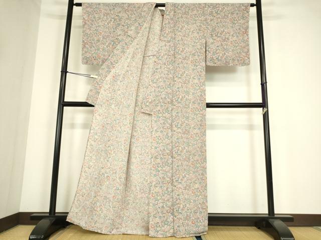 平和屋着物▽上質な小紋　単衣　草花文　鬼しぼ縮緬　正絹　逸品　DABE4314az