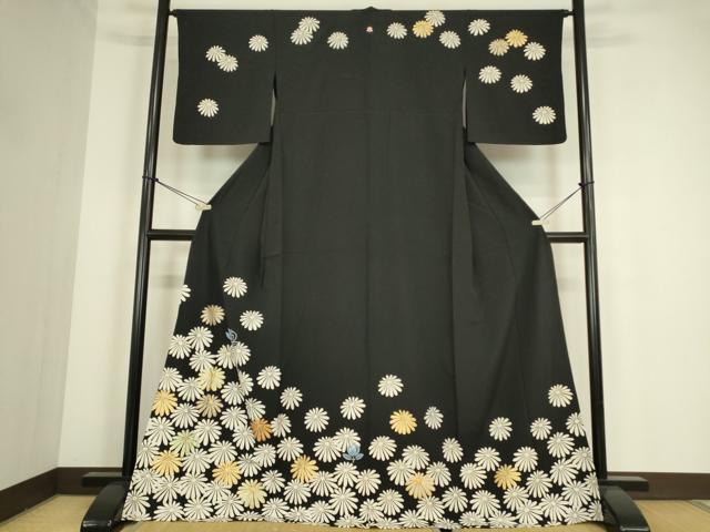 平和屋着物▽訪問着　単衣　駒刺繍　菊文　黒地　金彩　正絹　逸品　DABE4316az