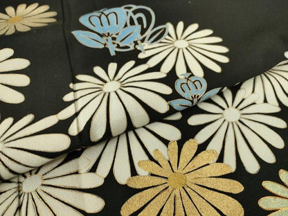 平和屋着物▽訪問着　単衣　駒刺繍　菊文　黒地　金彩　正絹　逸品　DABE4316az