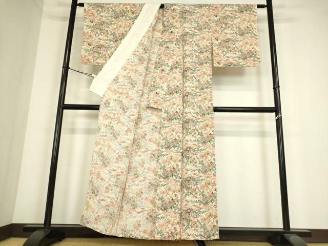 平和屋着物▽上質な小紋　単衣　堅牢紅型麻生工房　流水花文　反端付き　正絹　逸品　DABE4317az