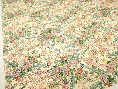 平和屋着物▽上質な小紋　単衣　堅牢紅型麻生工房　流水花文　反端付き　正絹　逸品　DABE4317az