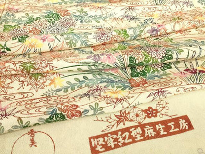 平和屋着物▽上質な小紋　単衣　堅牢紅型麻生工房　流水花文　反端付き　正絹　逸品　DABE4317az