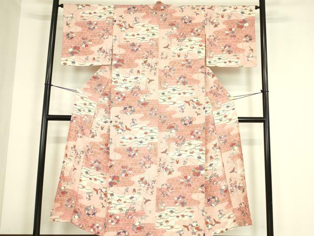 平和屋着物▽上質な小紋　単衣　飛鳥霞花文　金彩　正絹　逸品　DABE4321az
