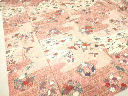 平和屋着物▽上質な小紋　単衣　飛鳥霞花文　金彩　正絹　逸品　DABE4321az
