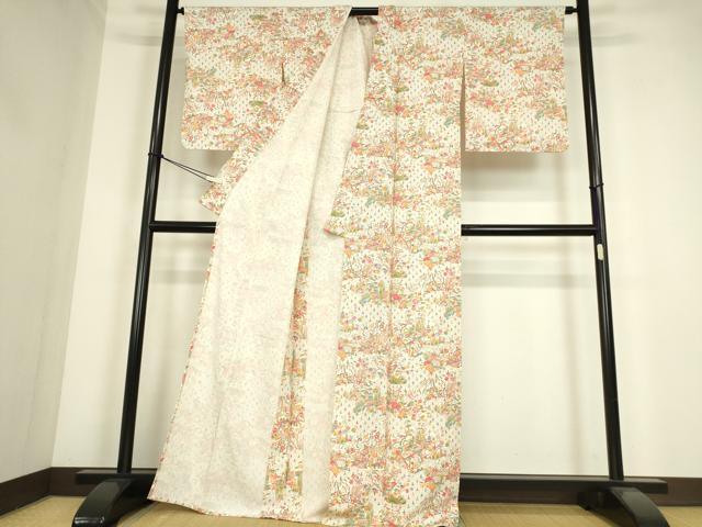 平和屋着物▽上質な小紋　単衣　風景花文　正絹　逸品　未使用　DABE4323az