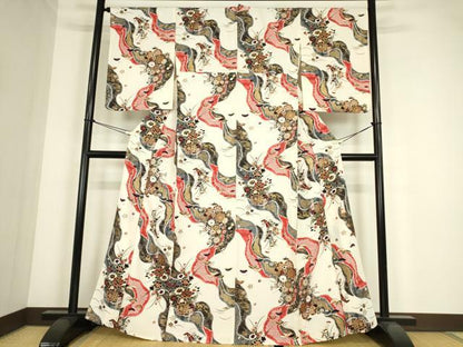 平和屋着物▽上質な小紋　単衣　花車文　金糸　正絹　逸品　DABE4325az