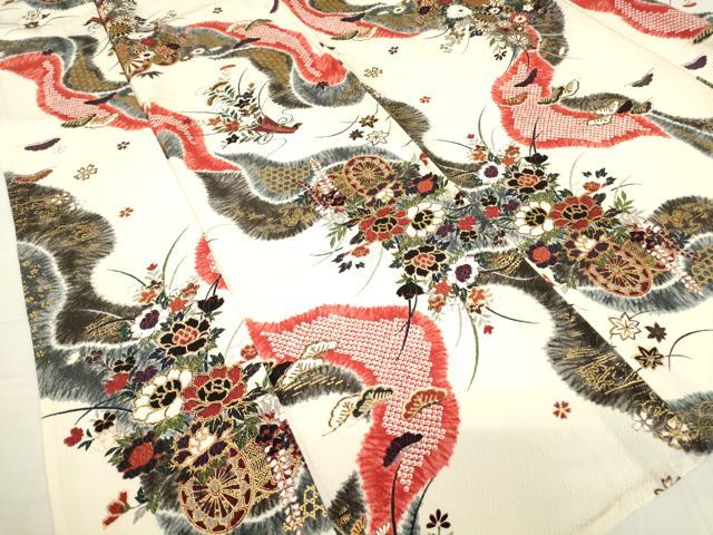 平和屋着物▽上質な小紋　単衣　花車文　金糸　正絹　逸品　DABE4325az