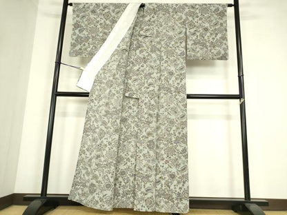 平和屋着物▽上質な小紋　単衣　藍染　草木染　更紗花文　反端付き　正絹　逸品　DABE4330az