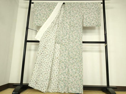 平和屋着物▽上質な小紋　単衣　型染　松竹梅　色紙花文　反端付き　正絹　逸品　DABE4335az