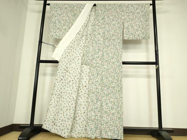 平和屋着物▽上質な小紋　単衣　型染　松竹梅　色紙花文　反端付き　正絹　逸品　DABE4335az