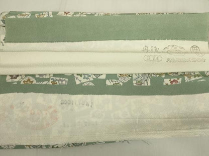 平和屋着物▽上質な小紋　単衣　型染　松竹梅　色紙花文　反端付き　正絹　逸品　DABE4335az