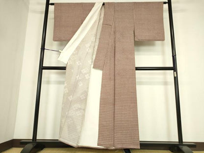 平和屋着物▽上質な小紋　単衣　格子　正絹　逸品　DABE4337az