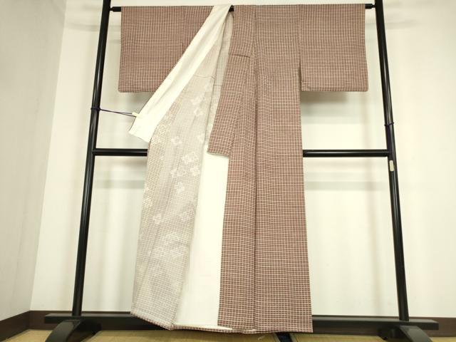 平和屋着物▽上質な小紋　単衣　格子　正絹　逸品　DABE4337az