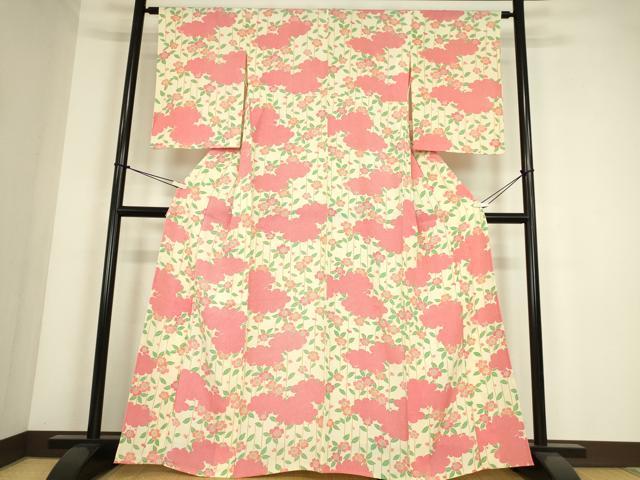 平和屋着物▽上質な小紋　単衣　雲取り枝垂れ桜文　高島屋扱い　正絹　逸品　DABE4338az