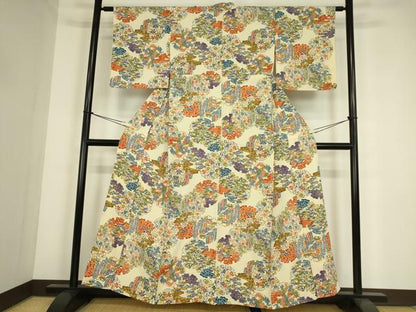 平和屋着物▽上質な小紋　単衣　型染　雪輪吉祥花文　正絹　逸品　DABE4341az