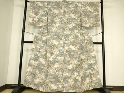 平和屋着物▽上質な小紋　単衣　人物風景文　鬼しぼ縮緬　正絹　逸品DABE4345az
