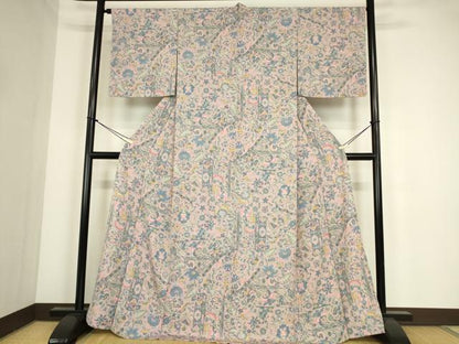 平和屋着物▽上質な小紋　単衣　更紗花文　正絹　逸品　未使用　DABE4352az