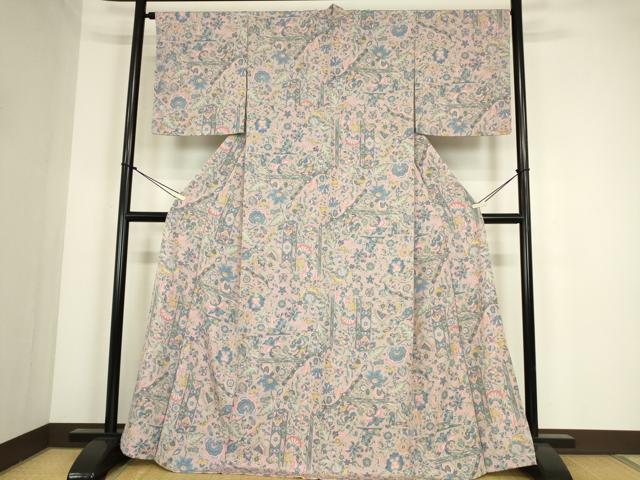 平和屋着物▽上質な小紋　単衣　更紗花文　正絹　逸品　未使用　DABE4352az