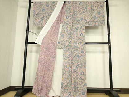 平和屋着物▽上質な小紋　単衣　更紗花文　正絹　逸品　未使用　DABE4352az