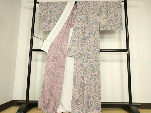 平和屋着物▽上質な小紋　単衣　更紗花文　正絹　逸品　未使用　DABE4352az