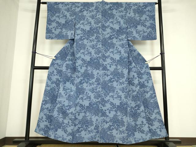 平和屋着物▽上質な小紋　単衣　型染　鴛鴦流水花文　鬼しぼ縮緬　正絹　逸品　DABE4359az