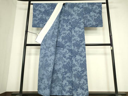 平和屋着物▽上質な小紋　単衣　型染　鴛鴦流水花文　鬼しぼ縮緬　正絹　逸品　DABE4359az
