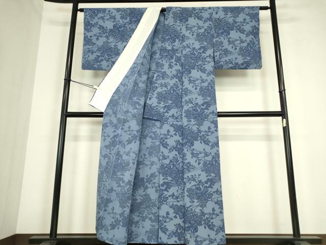 平和屋着物▽上質な小紋　単衣　型染　鴛鴦流水花文　鬼しぼ縮緬　正絹　逸品　DABE4359az