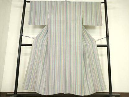 平和屋着物▽上質な小紋　単衣　縞　正絹　逸品　DABE4364az