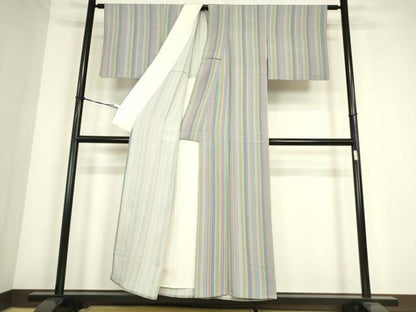 平和屋着物▽上質な小紋　単衣　縞　正絹　逸品　DABE4364az