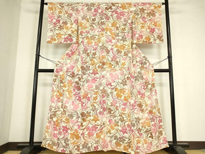 平和屋着物▽上質な小紋　単衣　型染　草花シルエット　正絹　逸品　DABE4365az