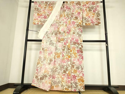 平和屋着物▽上質な小紋　単衣　型染　草花シルエット　正絹　逸品　DABE4365az