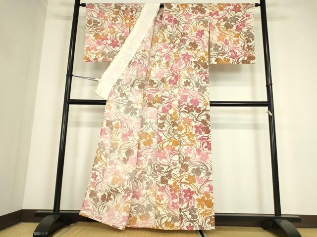 平和屋着物▽上質な小紋　単衣　型染　草花シルエット　正絹　逸品　DABE4365az