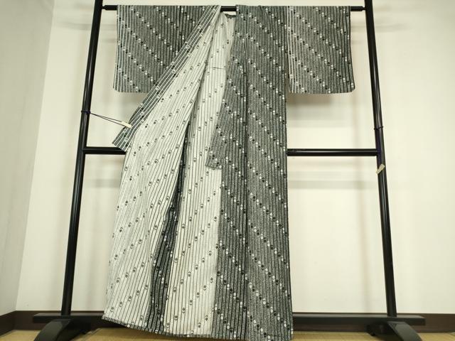 平和屋着物▽小紋　単衣　舞花斜線文　黒地　洗える着物　DABE4368az