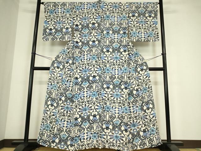 平和屋着物▽上質な小紋　単衣　紅型　洋花文　正絹　逸品　DABE4369az