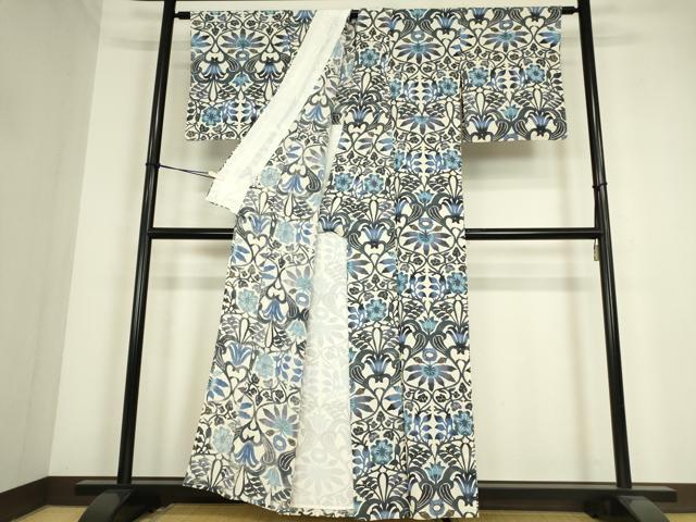 平和屋着物▽上質な小紋　単衣　紅型　洋花文　正絹　逸品　DABE4369az