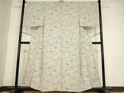 平和屋着物▽上質な小紋　単衣　渡り橋花文　正絹　逸品　DABE4371az