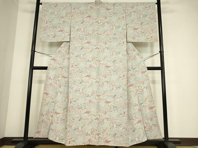 平和屋着物▽上質な小紋　単衣　渡り橋花文　正絹　逸品　DABE4371az