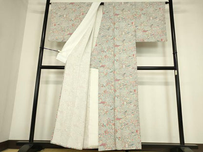 平和屋着物▽上質な小紋　単衣　渡り橋花文　正絹　逸品　DABE4371az