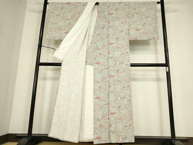 平和屋着物▽上質な小紋　単衣　渡り橋花文　正絹　逸品　DABE4371az