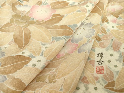 平和屋着物▽上質な小紋　単衣　作家物　花尽くし　鬼しぼ縮緬　正絹　逸品　DABE4372az
