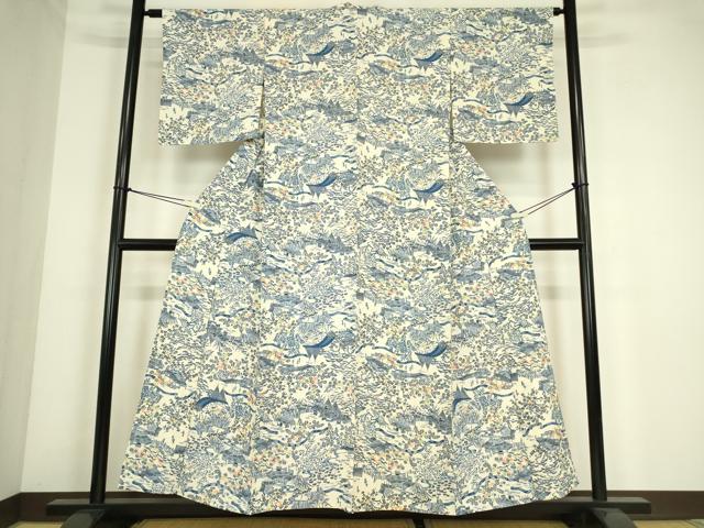 平和屋着物▽上質な小紋　単衣　型染　茶屋辻風景花文　正絹　逸品　DABE4374az