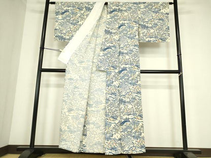 平和屋着物▽上質な小紋　単衣　型染　茶屋辻風景花文　正絹　逸品　DABE4374az