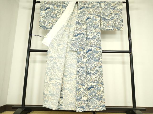 平和屋着物▽上質な小紋　単衣　型染　茶屋辻風景花文　正絹　逸品　DABE4374az